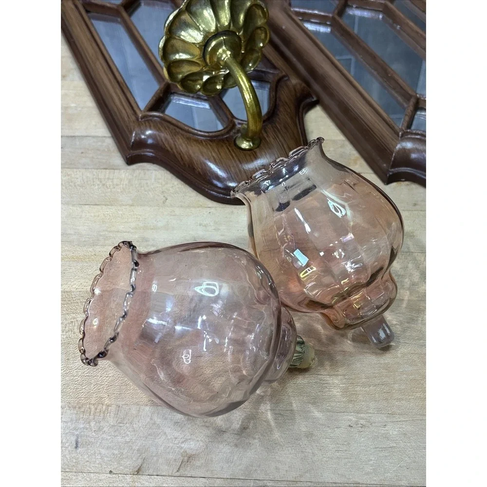 Vintage Gothic Cathedral Wall Sconces Pink Hurricane Glass Mirror Set Of 2